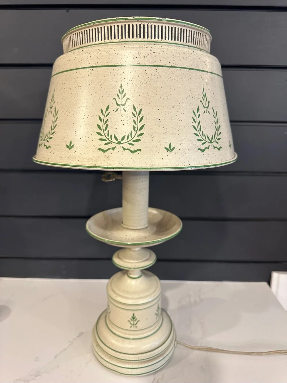 Vintage Cream and Green Colonial Table Lamp - Metal 18” 1950